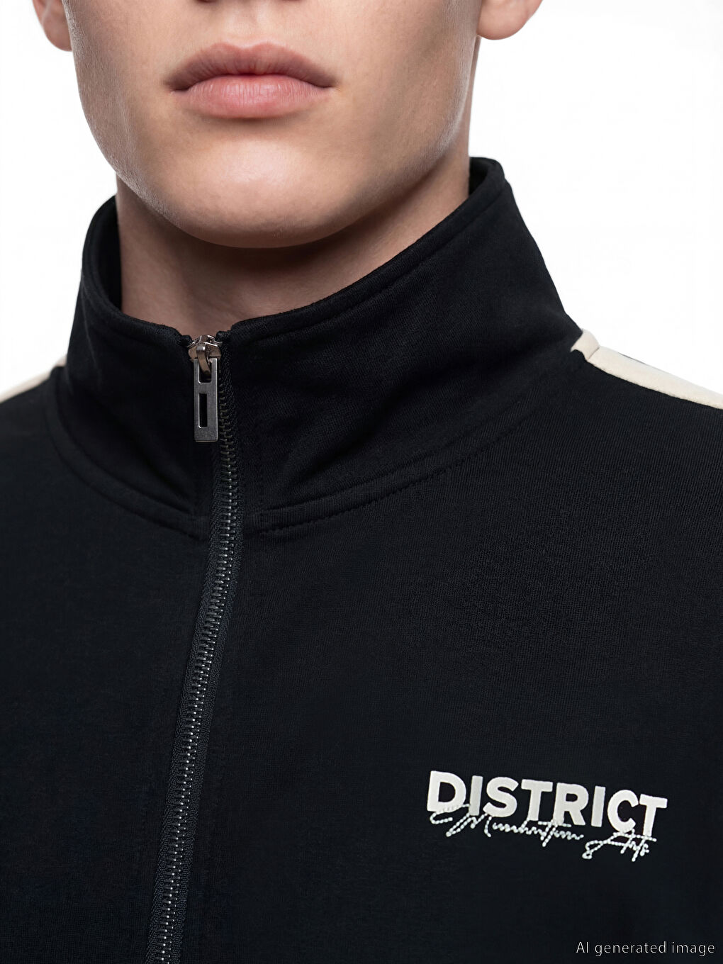 Siyah Dik Yaka Baskılı Erkek Fermuarlı Sweatshirt-2