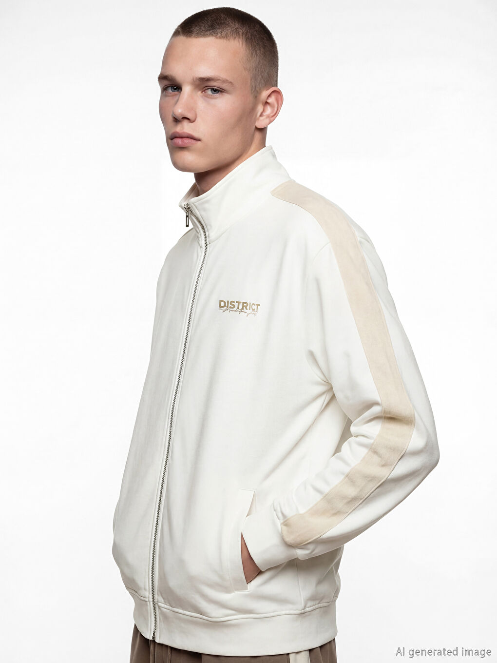 Ekru Dik Yaka Baskılı Erkek Fermuarlı Sweatshirt