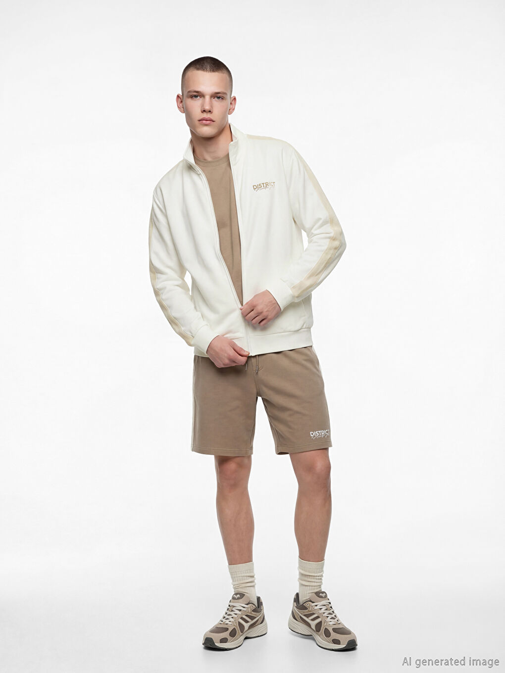 Ekru Dik Yaka Baskılı Erkek Fermuarlı Sweatshirt-1