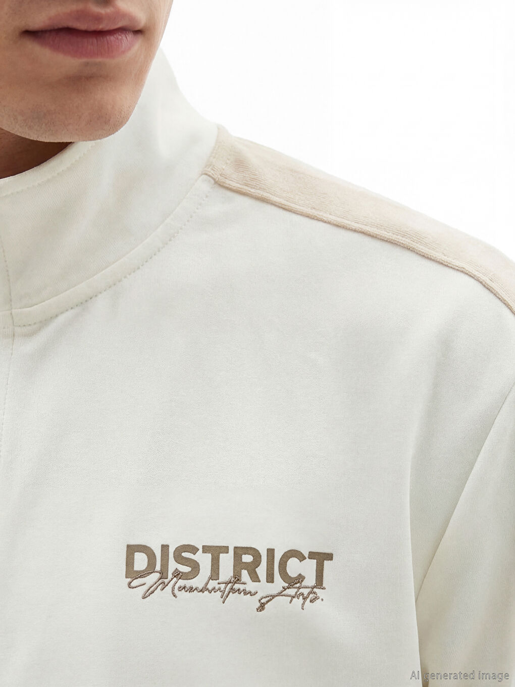 Ekru Dik Yaka Baskılı Erkek Fermuarlı Sweatshirt-2