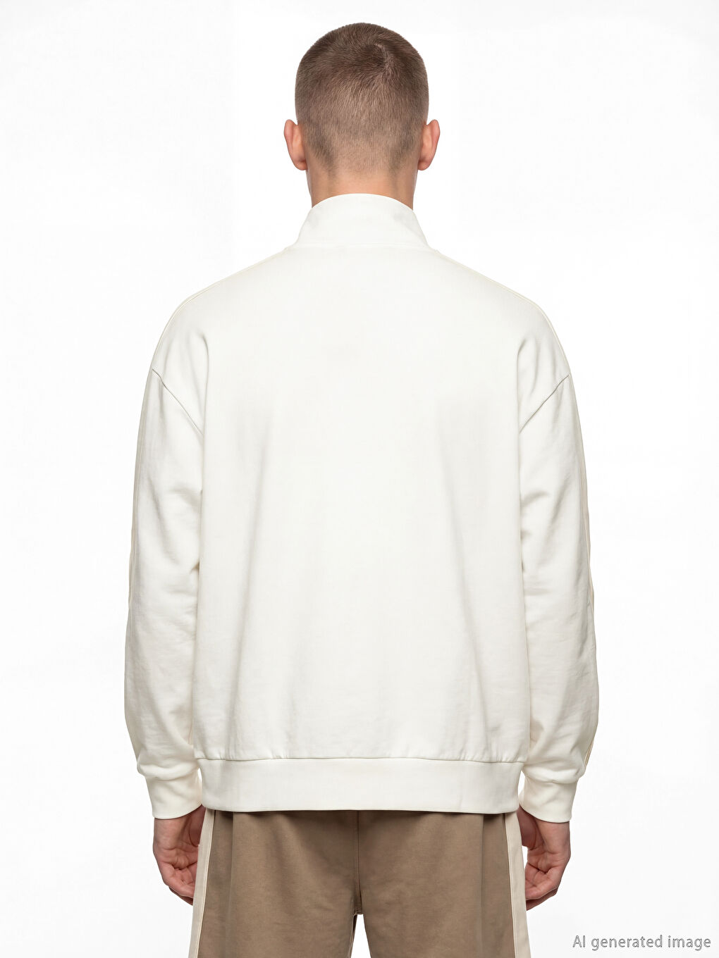 Ekru Dik Yaka Baskılı Erkek Fermuarlı Sweatshirt-3