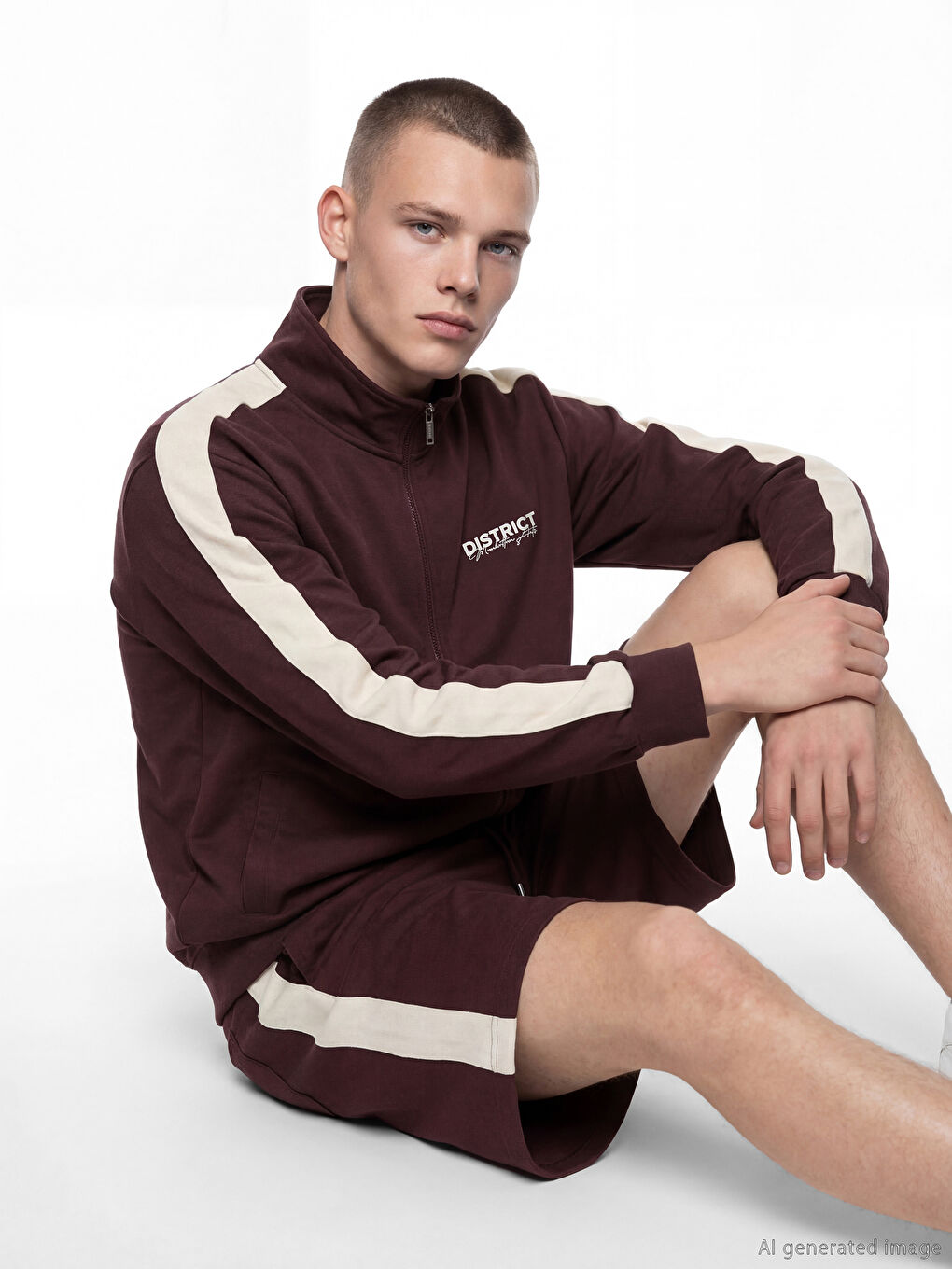 Mürdüm Dik Yaka Baskılı Erkek Fermuarlı Sweatshirt