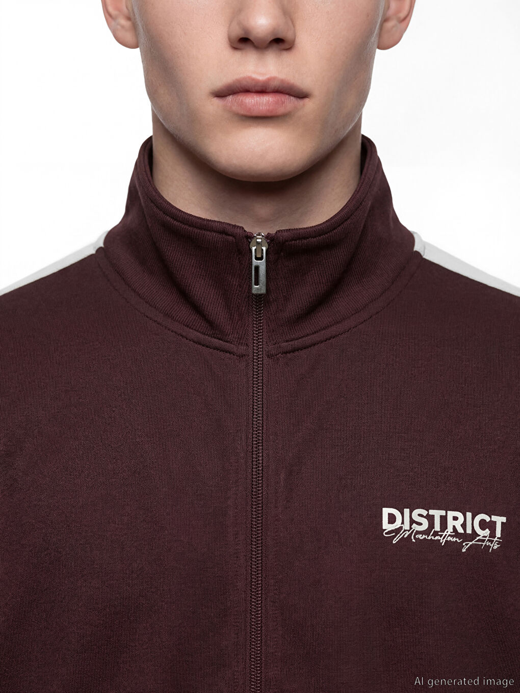 Mürdüm Dik Yaka Baskılı Erkek Fermuarlı Sweatshirt-2