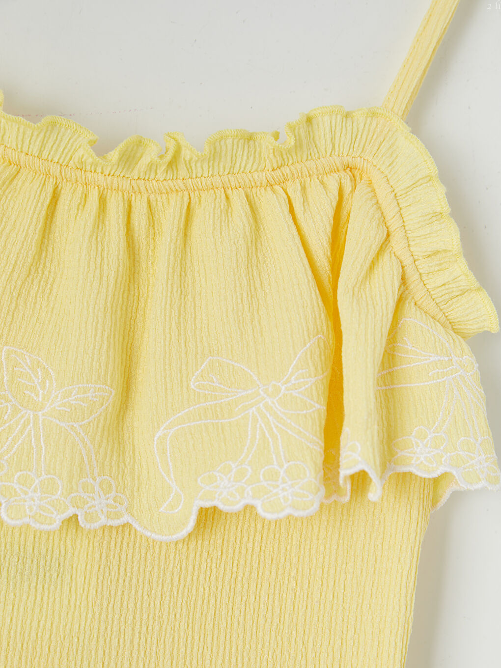 Sarı Kare Yaka Katlı Kız Çocuk Elbise-2