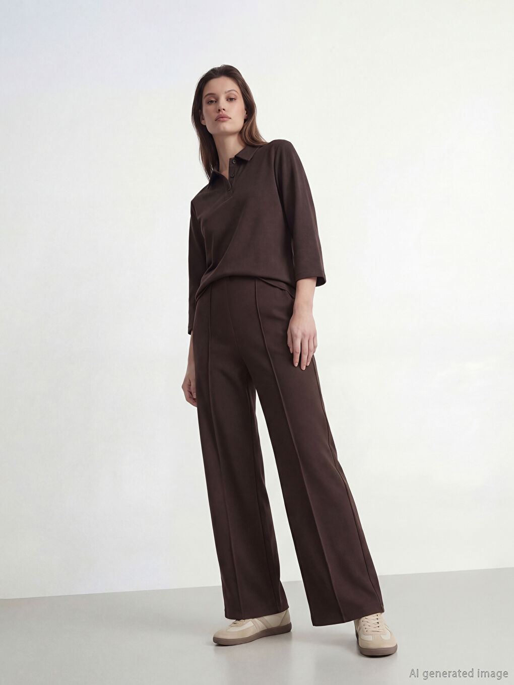 Kahverengi Yüksek Bel Geniş Paça Kadın Pantolon