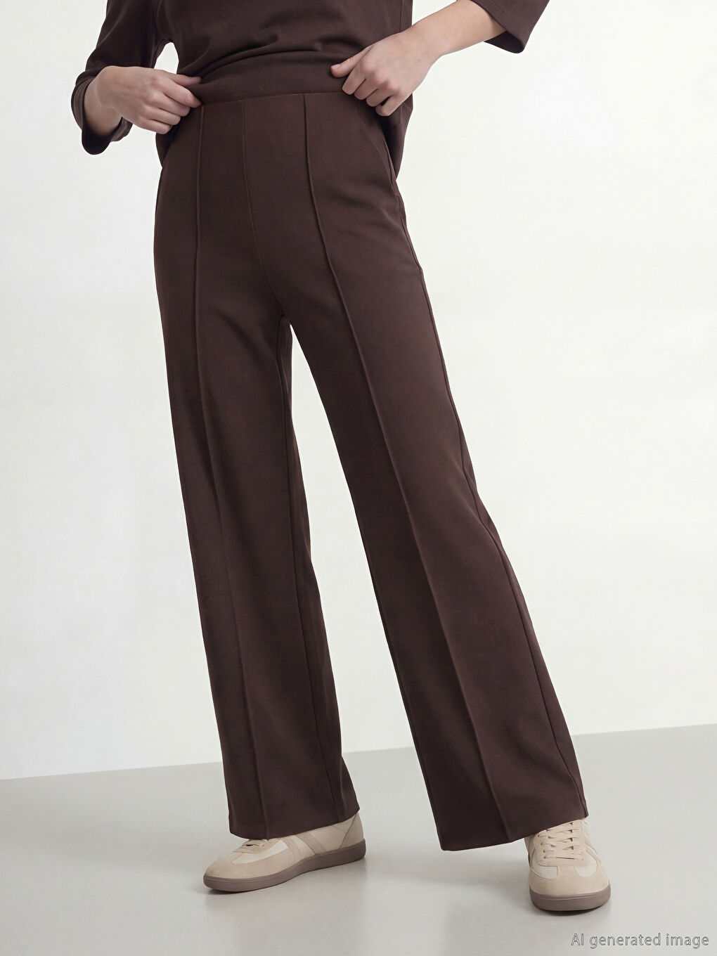 Kahverengi Yüksek Bel Geniş Paça Kadın Pantolon-1