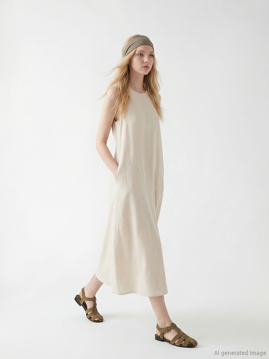 Bej Bisiklet Yaka A Kesim Keten Karışımlı Elbise-1