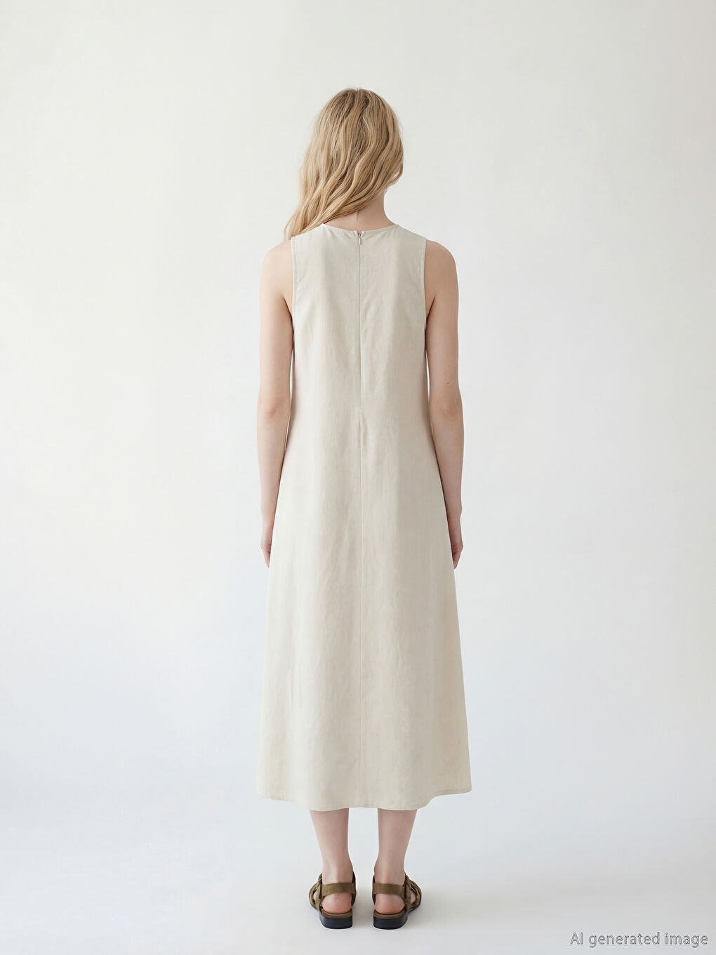 Bej Bisiklet Yaka A Kesim Keten Karışımlı Elbise-2