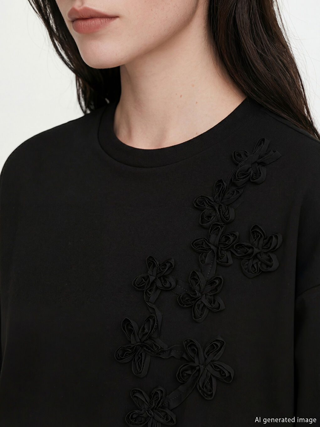 Siyah Bisiklet Yaka Gül Aplike Detaylı Kadın Sweatshirt-2