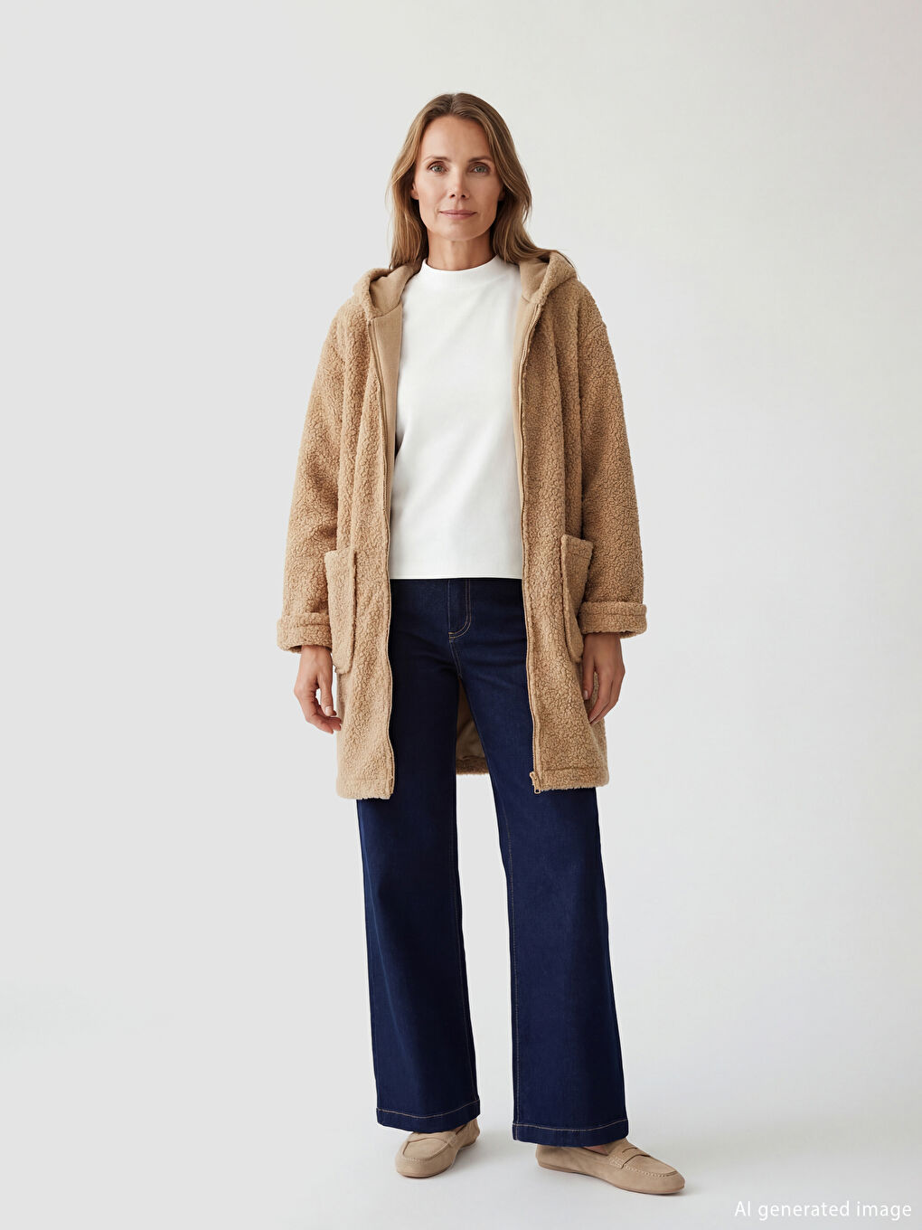 Bej Kapüşonlu Kadın Pelüş Hırka-1