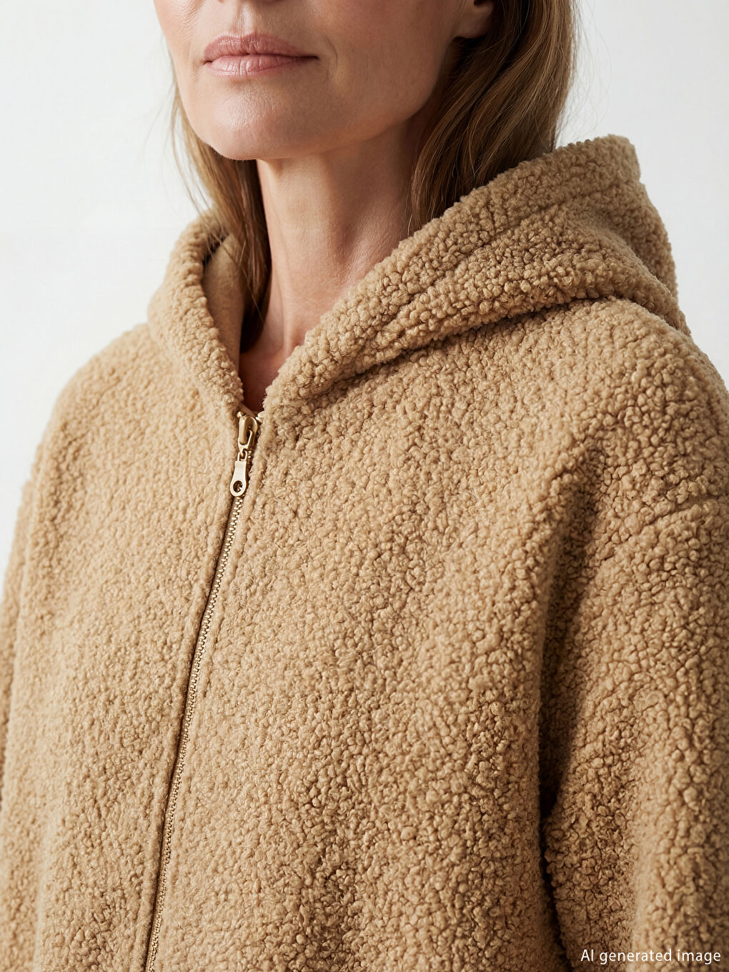 Bej Kapüşonlu Kadın Pelüş Hırka-2