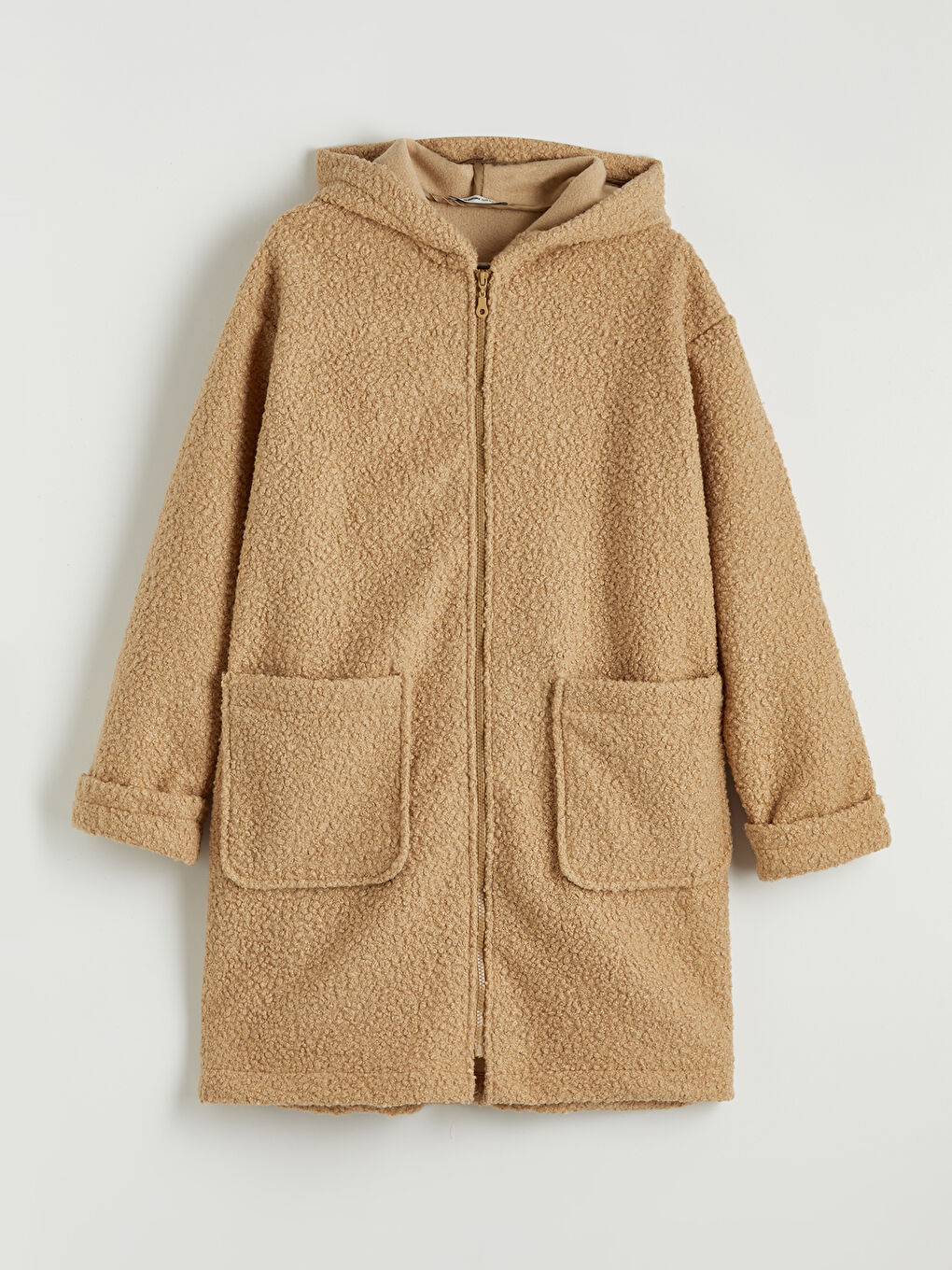 Bej Kapüşonlu Kadın Pelüş Hırka