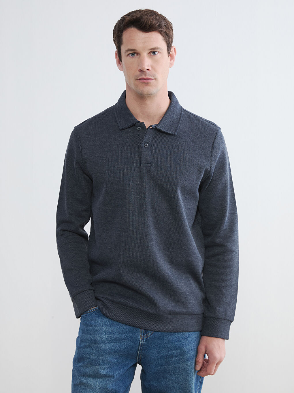 İndigo Polo Yaka Erkek Sweatshirt