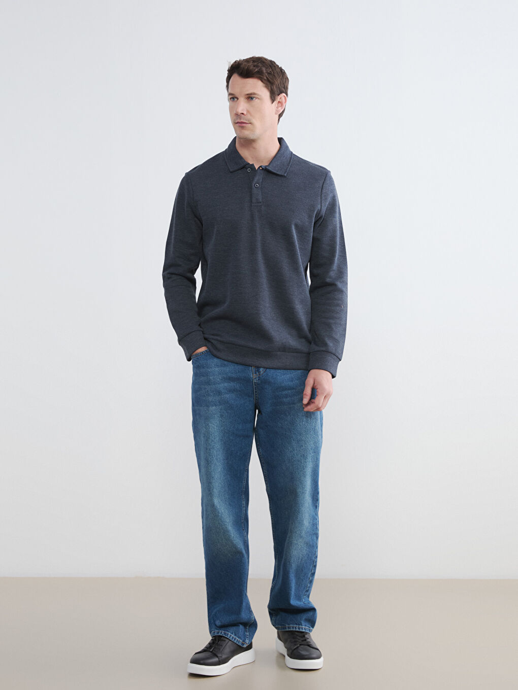 İndigo Polo Yaka Erkek Sweatshirt-1