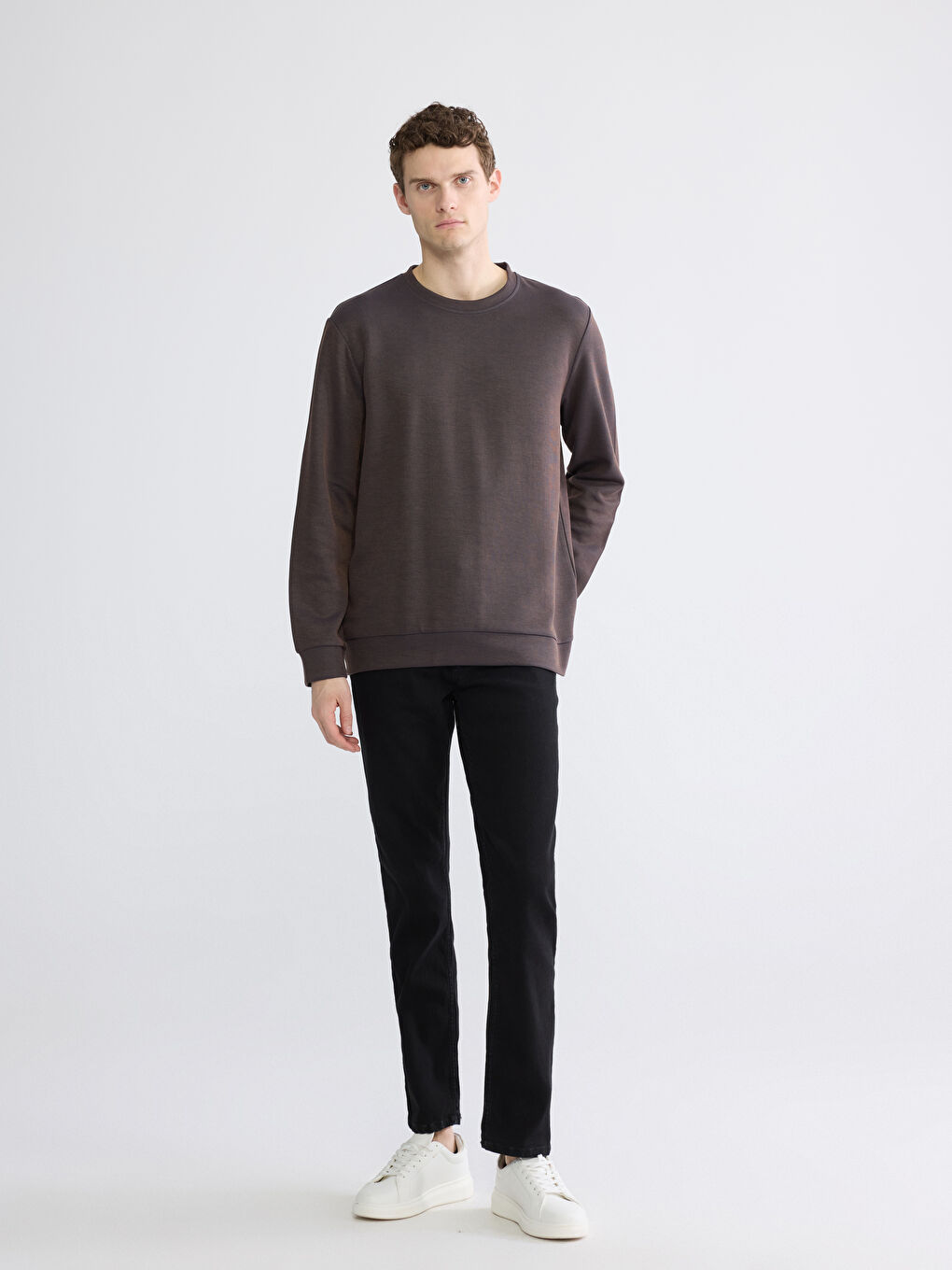 Kahverengi Bisiklet Yaka Erkek Sweatshirt-1