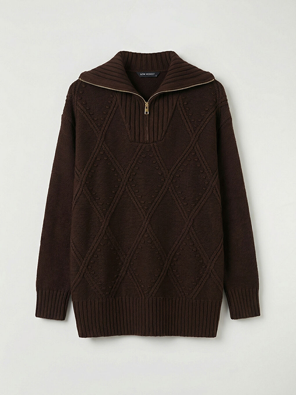 Kahverengi Polo Yaka Baklava Desenli Kadın Triko Tunik	