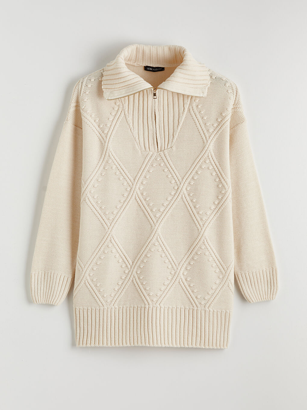 Bej Polo Yaka Baklava Desenli Kadın Triko Tunik-4