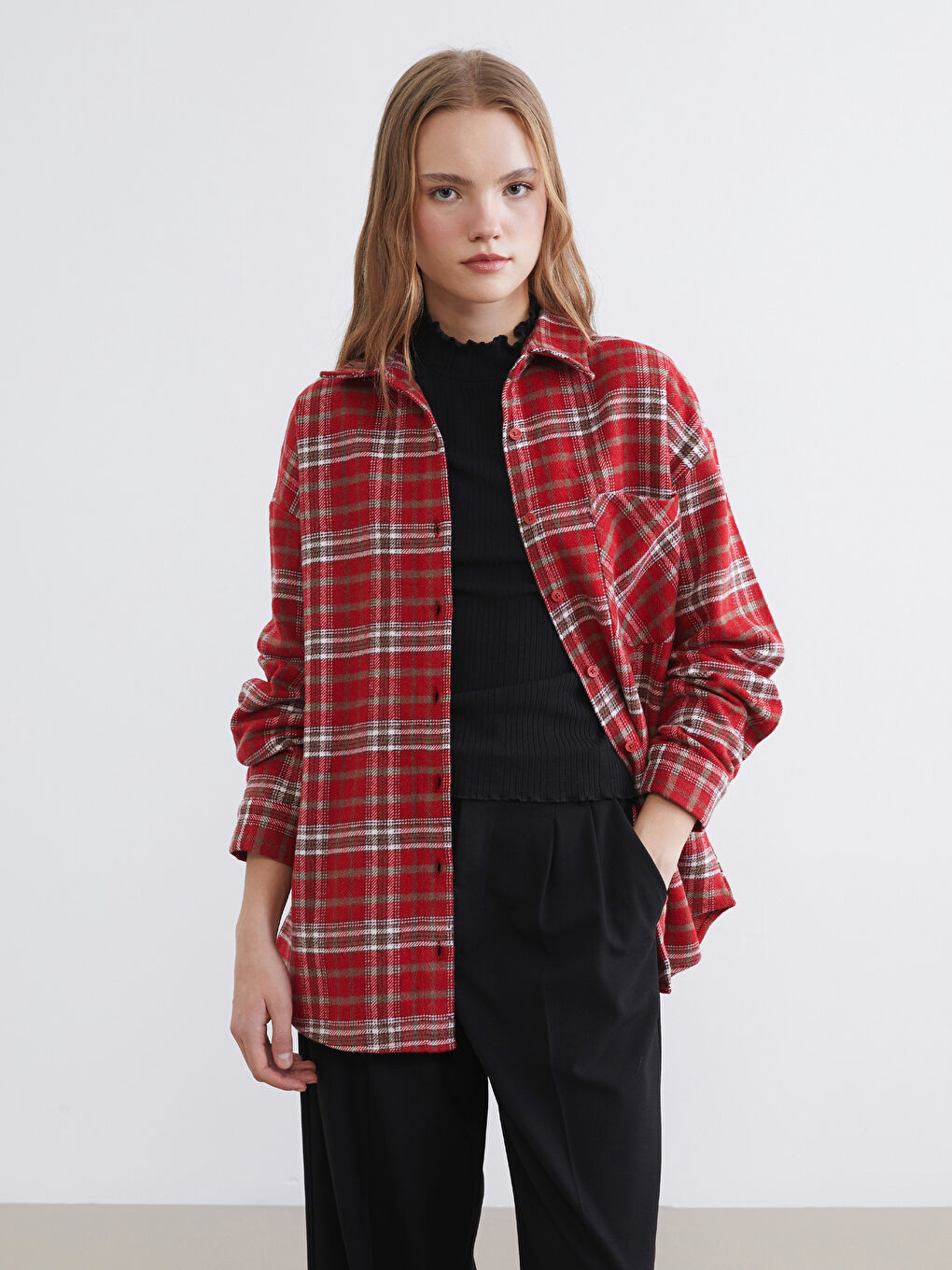 Bordo Ekose Oversize Kadın Oduncu Gömlek