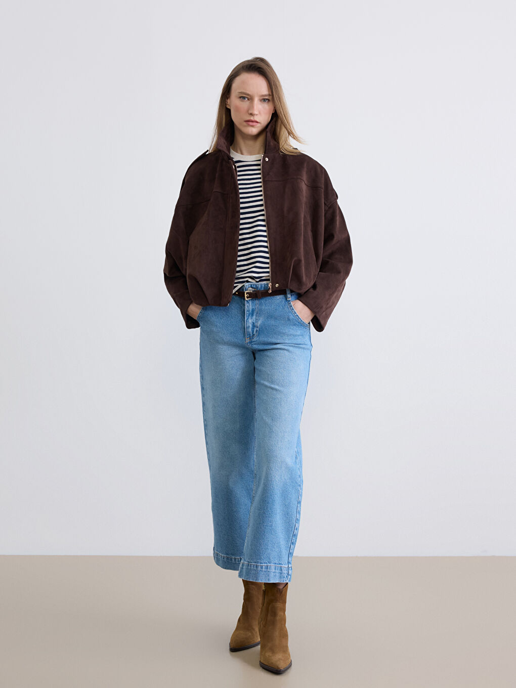 Kahverengi Gömlek Yaka Kadın Süet Görünümlü Ceket-1