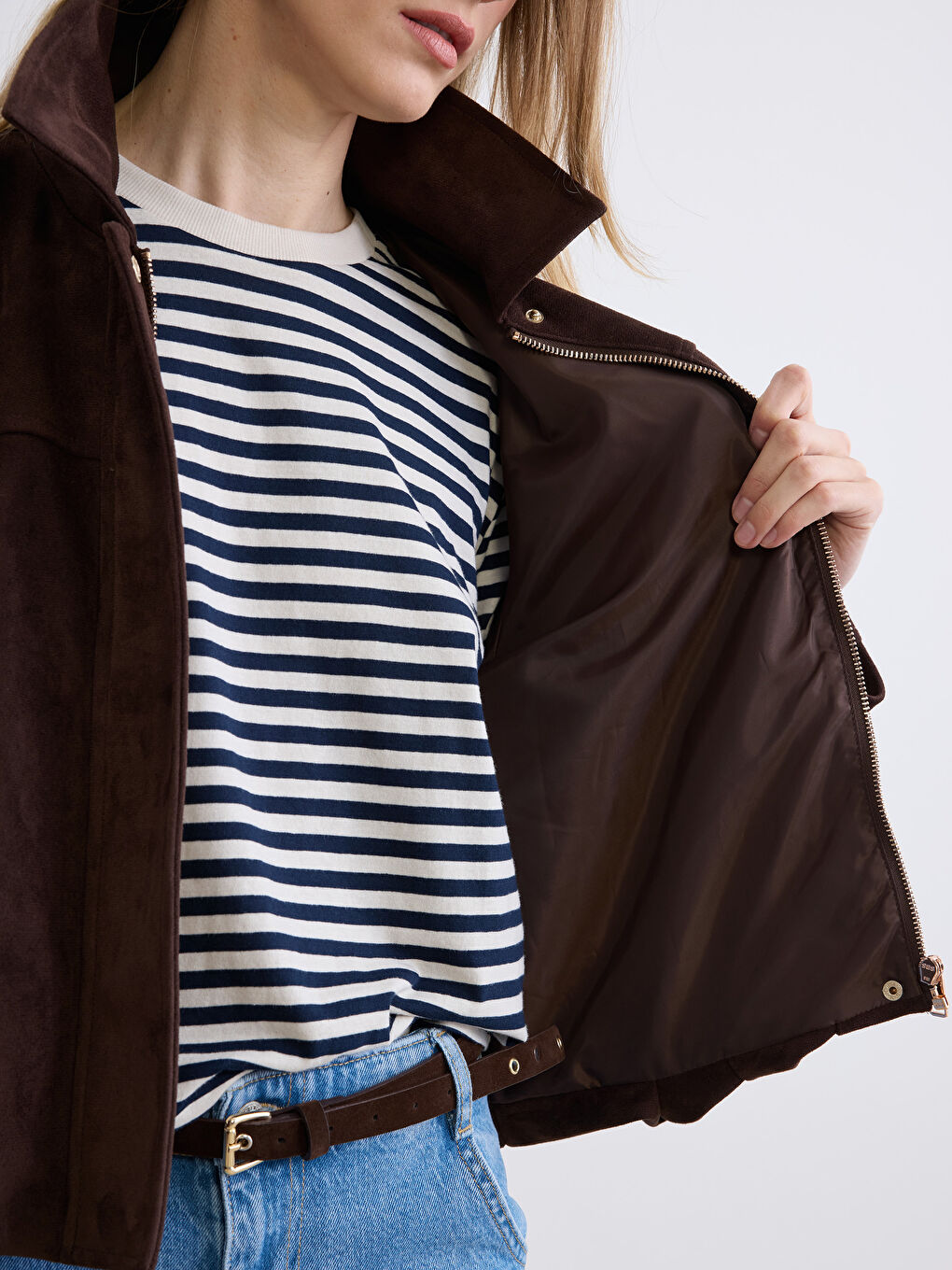 Kahverengi Gömlek Yaka Kadın Süet Görünümlü Ceket-2