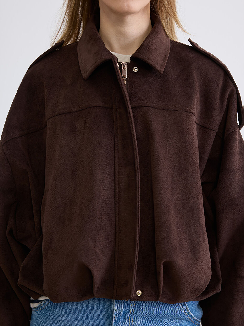Kahverengi Gömlek Yaka Kadın Süet Görünümlü Ceket-3