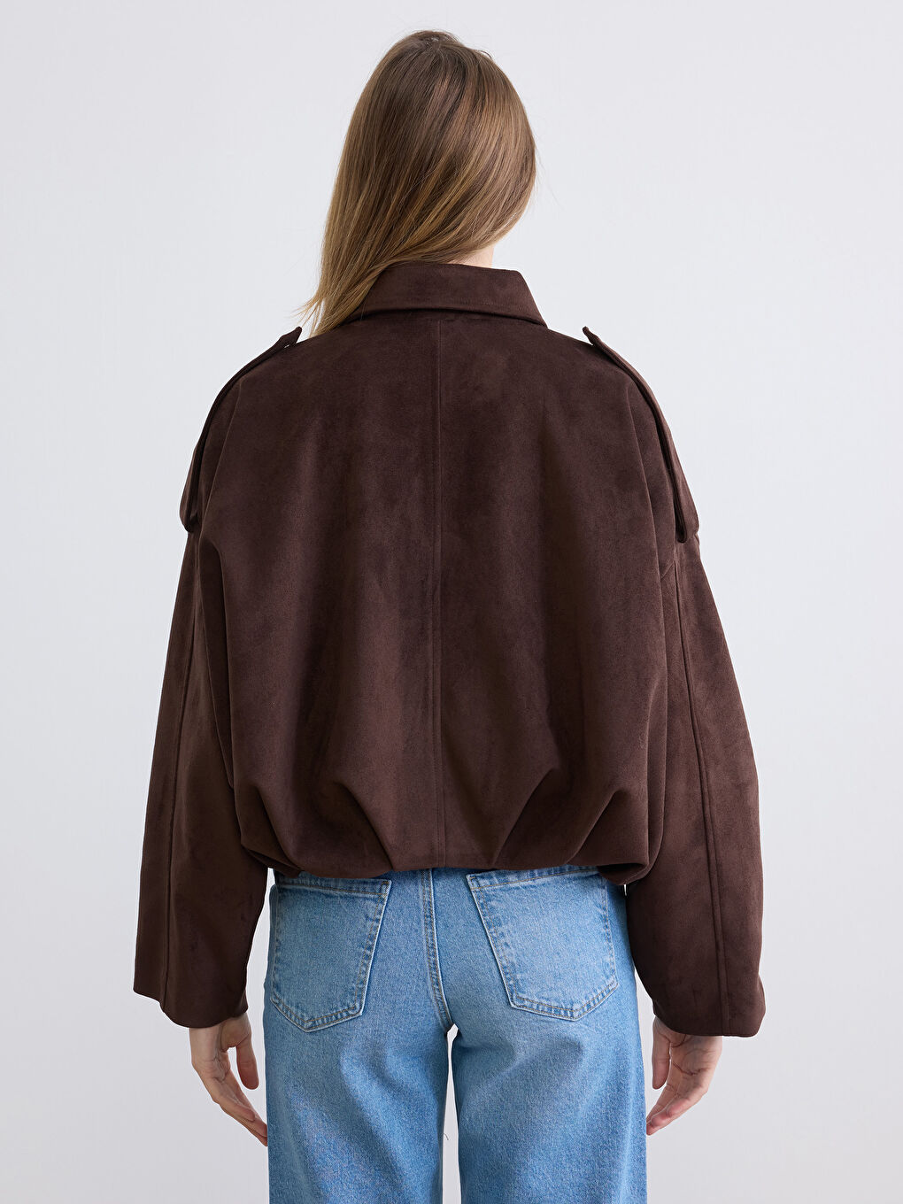 Kahverengi Gömlek Yaka Kadın Süet Görünümlü Ceket-4
