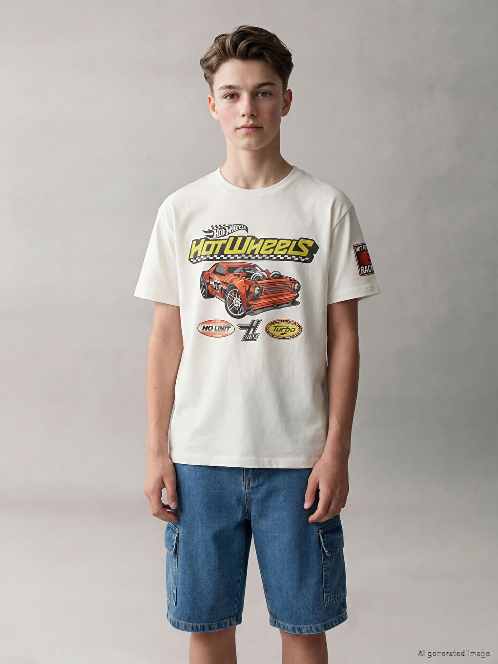 Tricou băieți cu guler rotund imprimat Hot Wheels