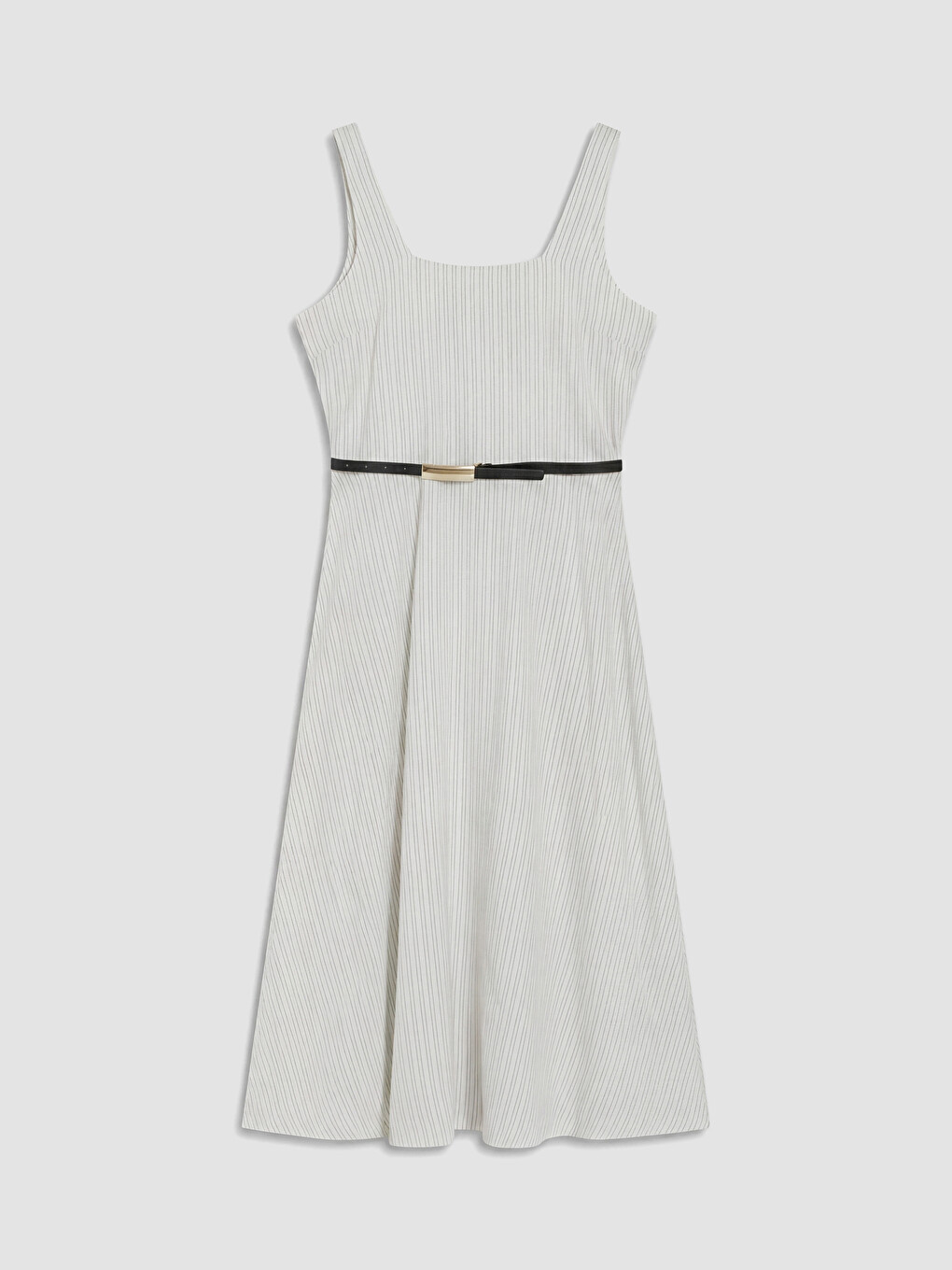 Square Neck Belted Waist Striped Dress-4