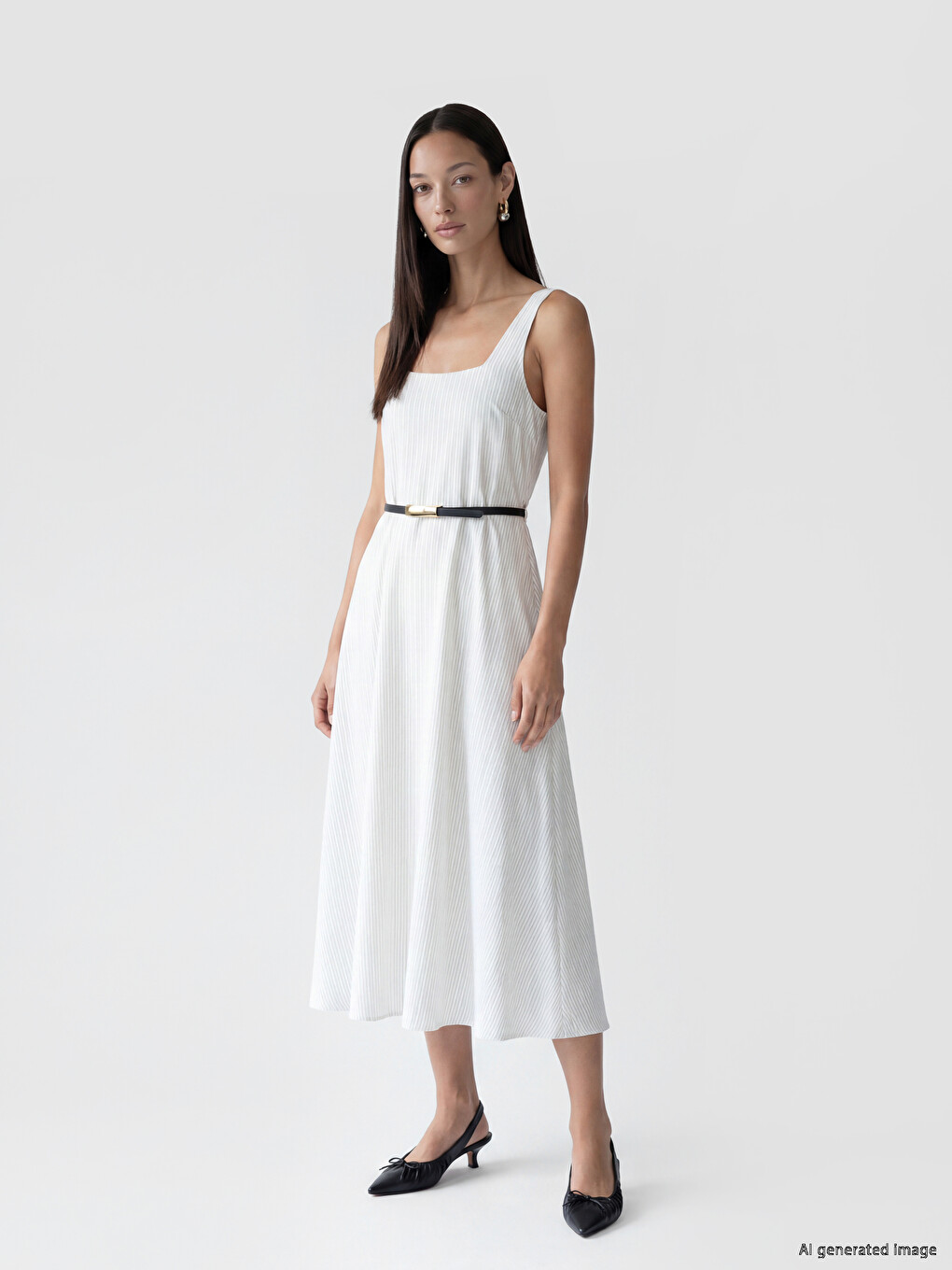 Square Neck Belted Waist Striped Dress