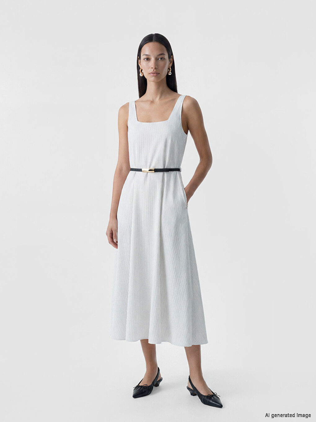 Square Neck Belted Waist Striped Dress-1