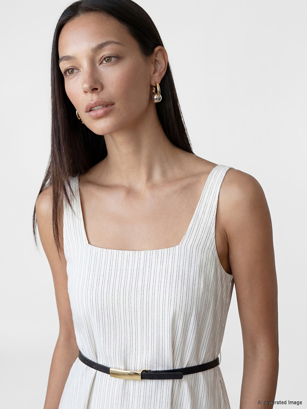 Square Neck Belted Waist Striped Dress-2