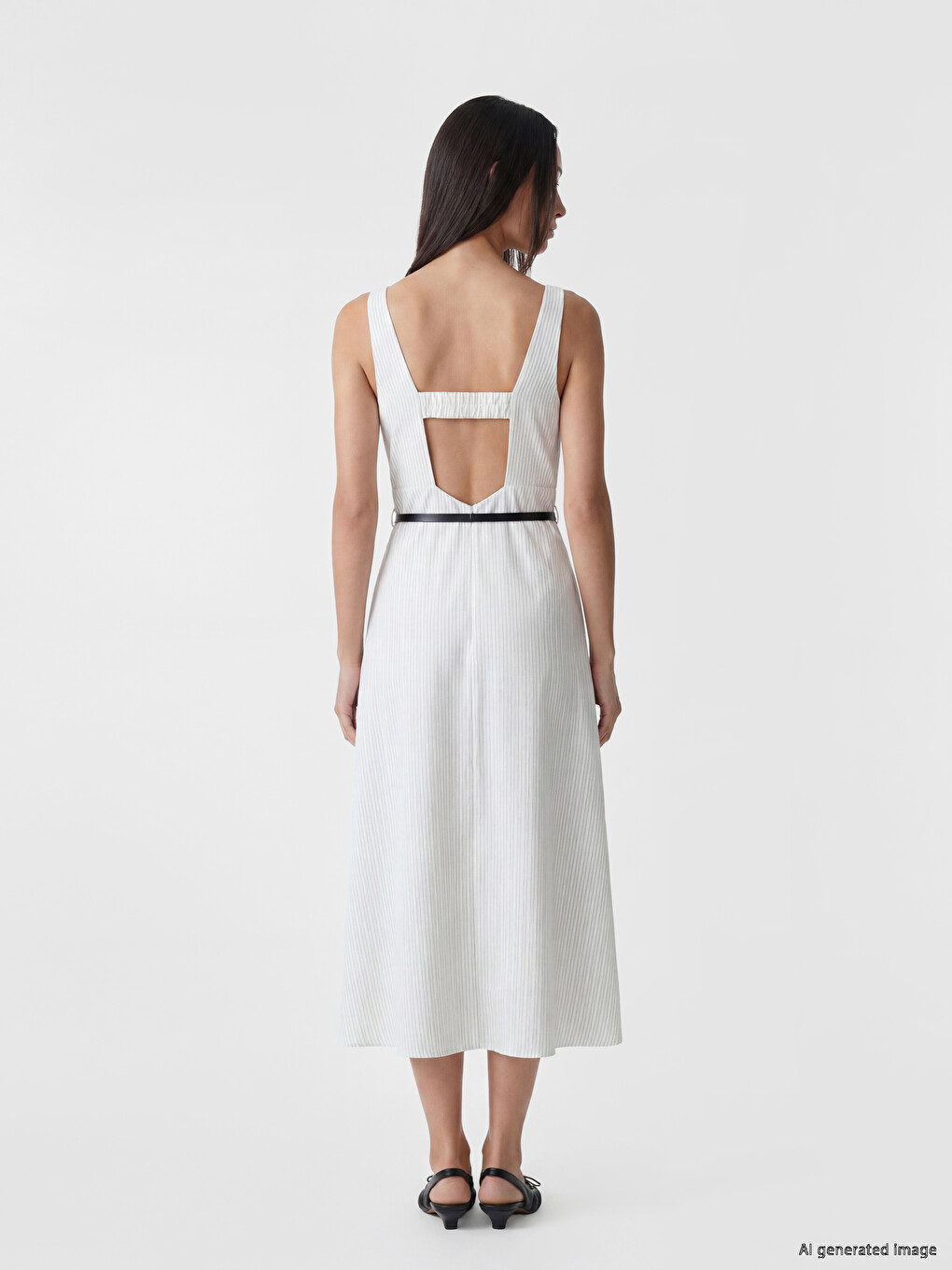 Square Neck Belted Waist Striped Dress-3
