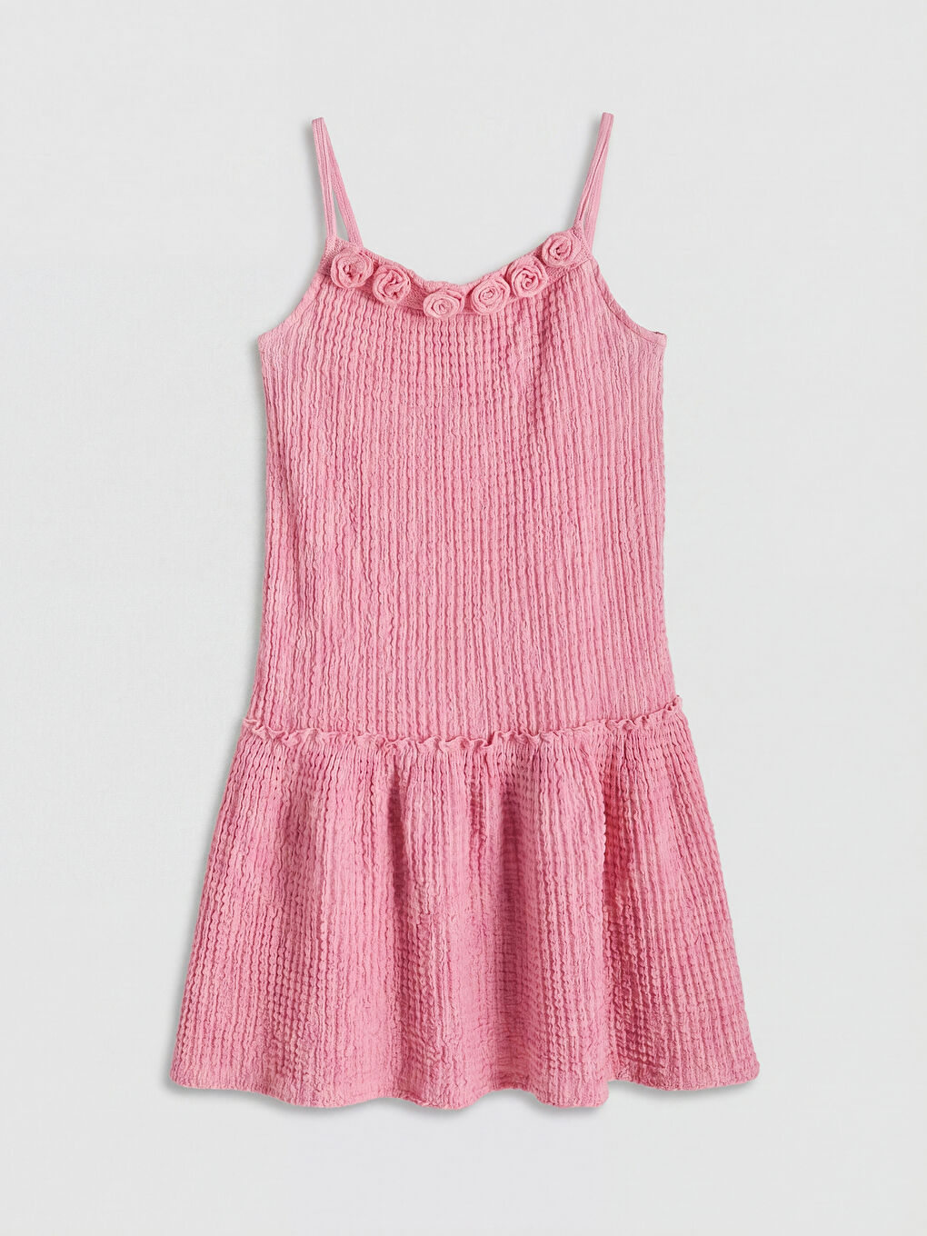 Pembe İp Askılı Gül Detaylı Kız Çocuk Elbise