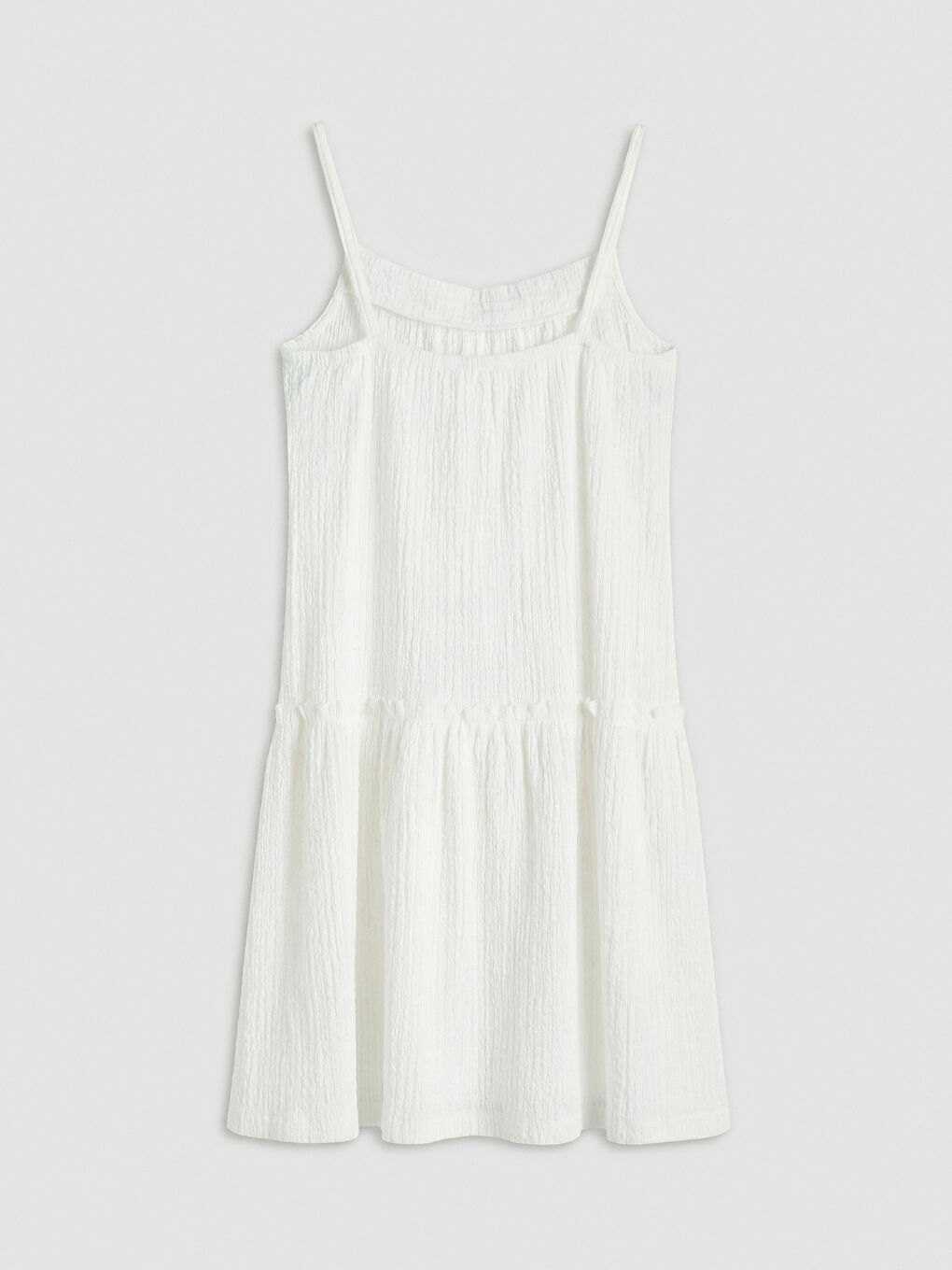 Beyaz Fırfır Detaylı Askılı Kız Çocuk Dokulu Elbise-1