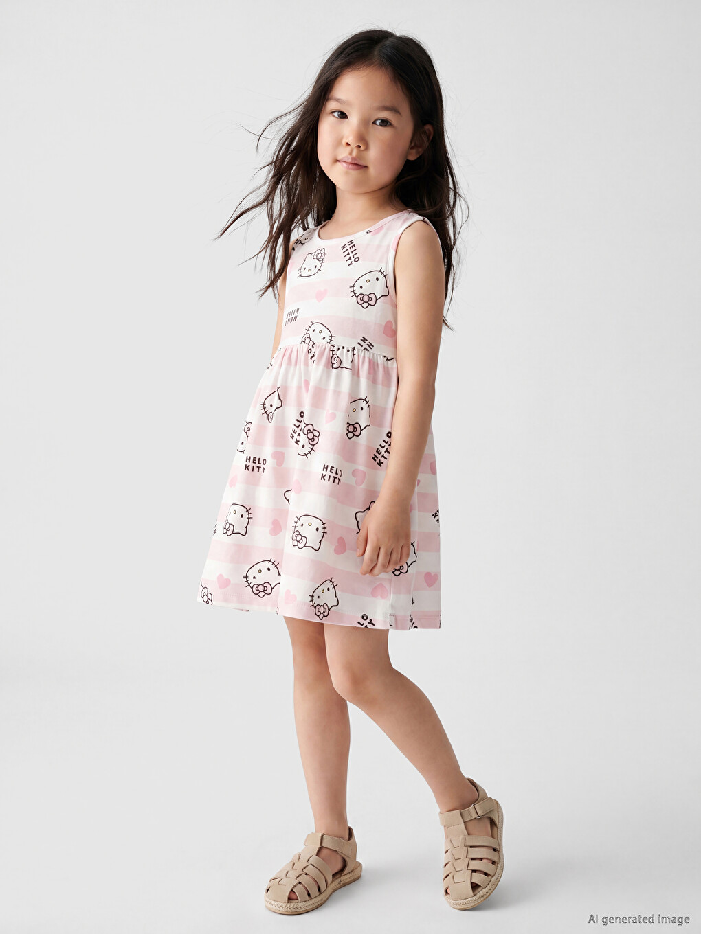 Crew Neck Hello Kitty Printed Girls' Dress