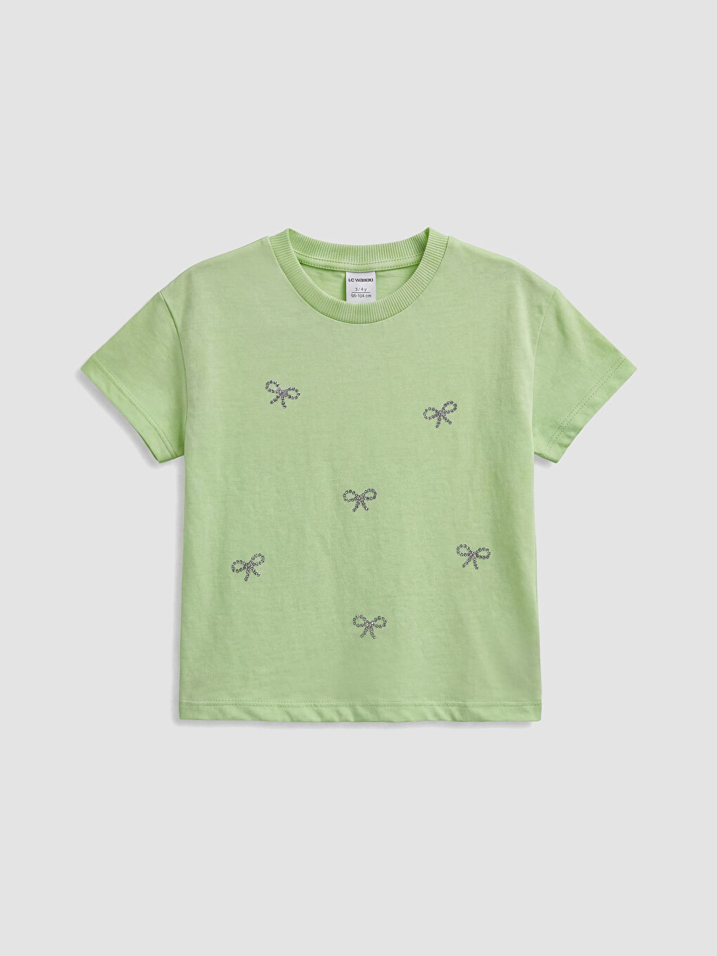 Crew Neck Bow Printed Girls' T-Shirt
