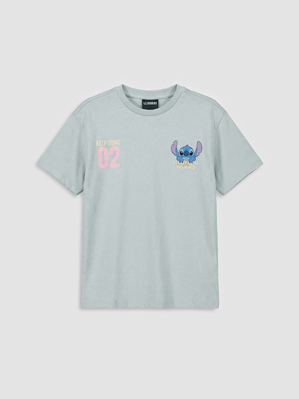 Gri Bisiklet Yaka Stitch Baskılı Kız Çocuk Tişört