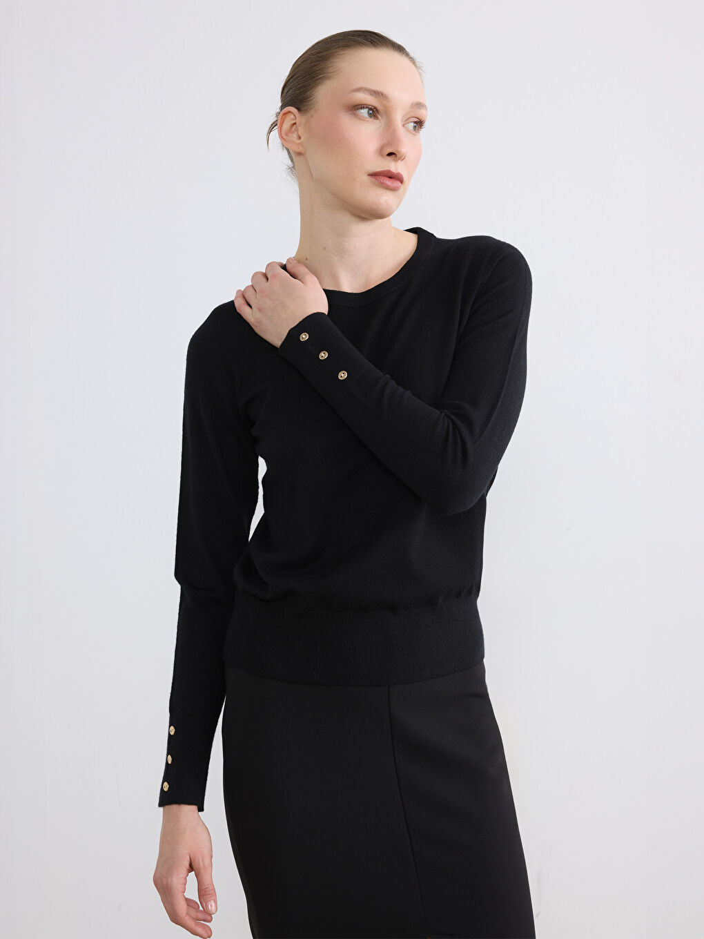 Siyah Bisiklet Yaka Kadın Triko Kazak	