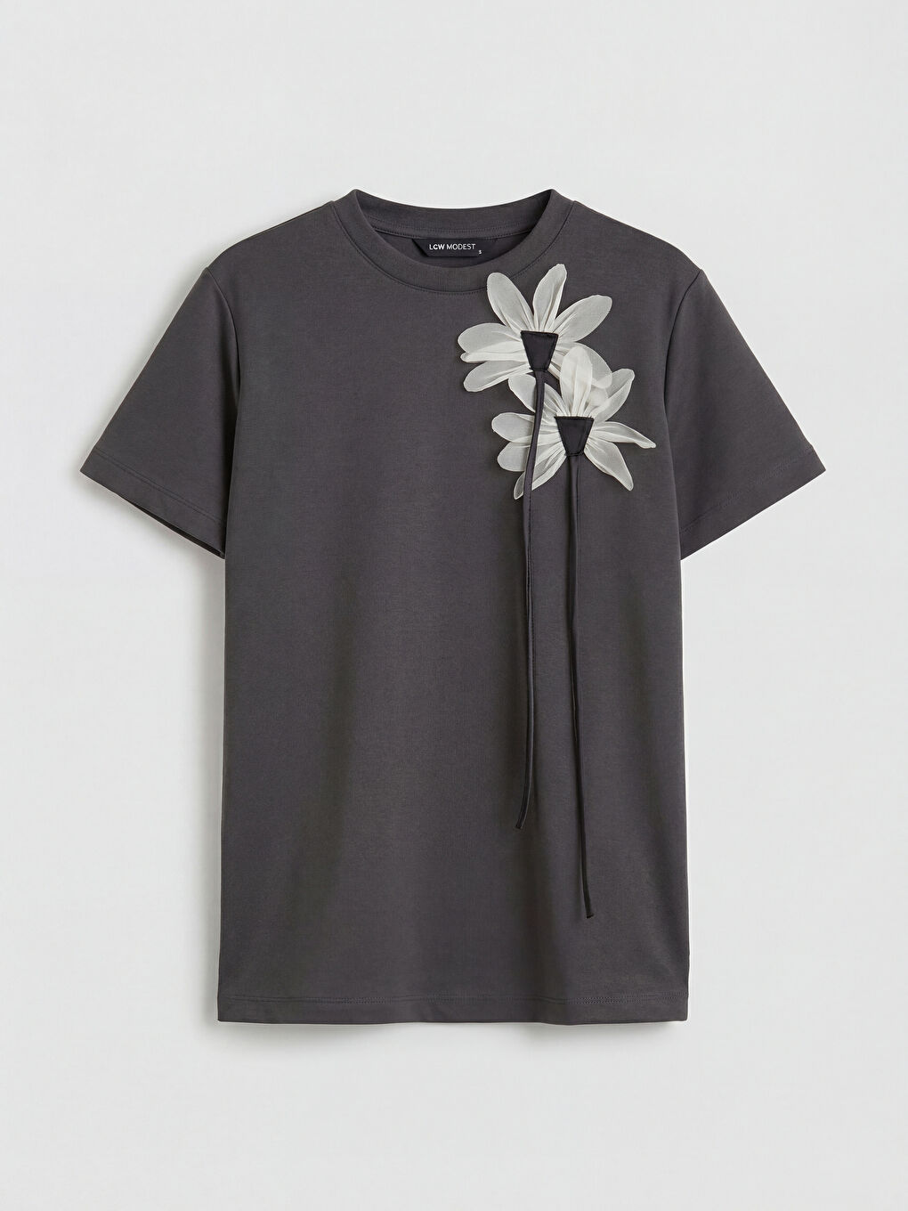 Antrasit Bisiklet Yaka Çiçek Aplikeli Bluz