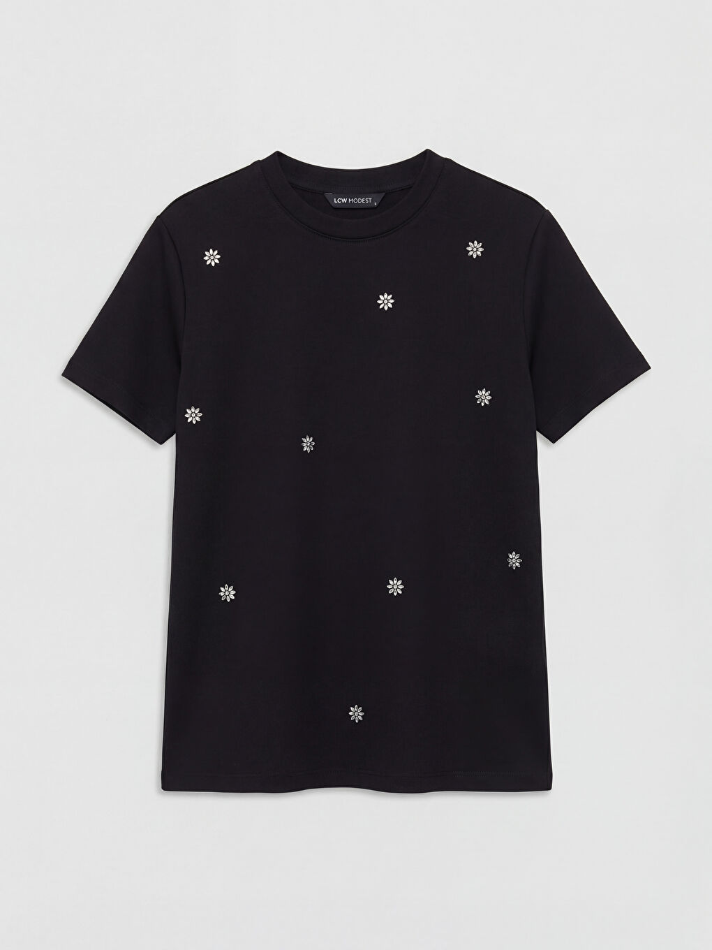 Siyah Bisiklet Yaka Taşlı Kadın Tişört