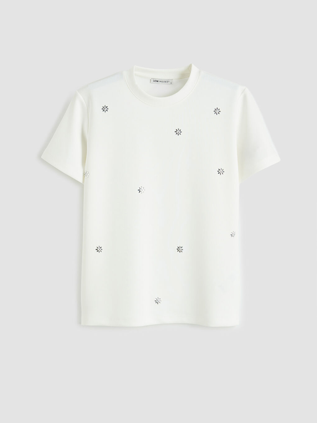 Ekru Bisiklet Yaka Taşlı Kadın Tişört-4