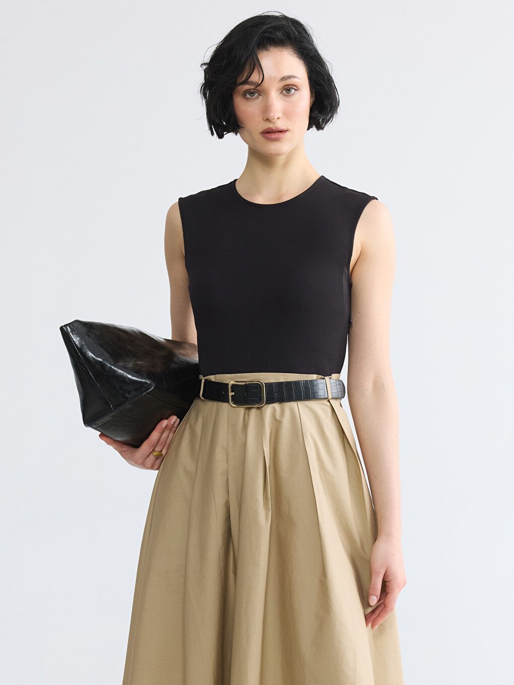 Crew Neck Color Block Belted Dress-1