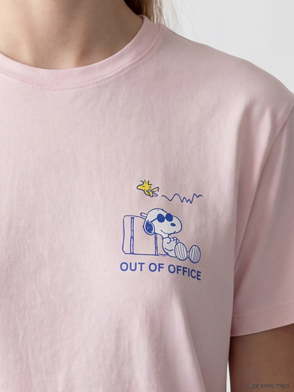 Pembe Snoopy Baskılı %100 Pamuklu Kadın Tişört-2
