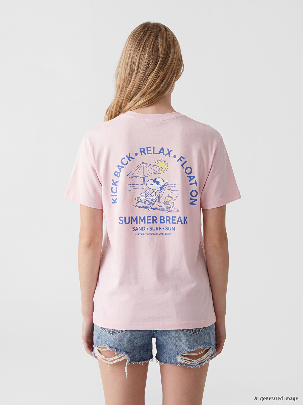 Pembe Snoopy Baskılı %100 Pamuklu Kadın Tişört-3