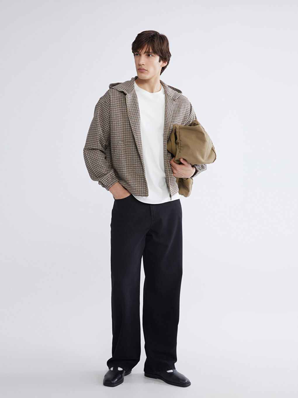 Haki Kapüşonlu Rahat Kalıp Ekose Erkek Gömlek Ceket-2