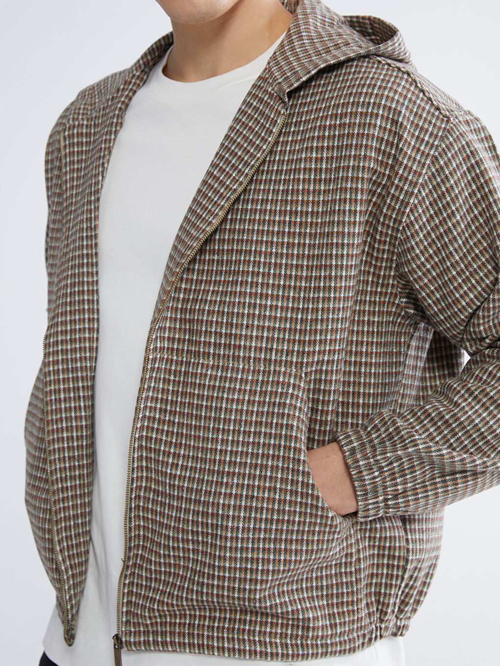 Haki Kapüşonlu Rahat Kalıp Ekose Erkek Gömlek Ceket-4