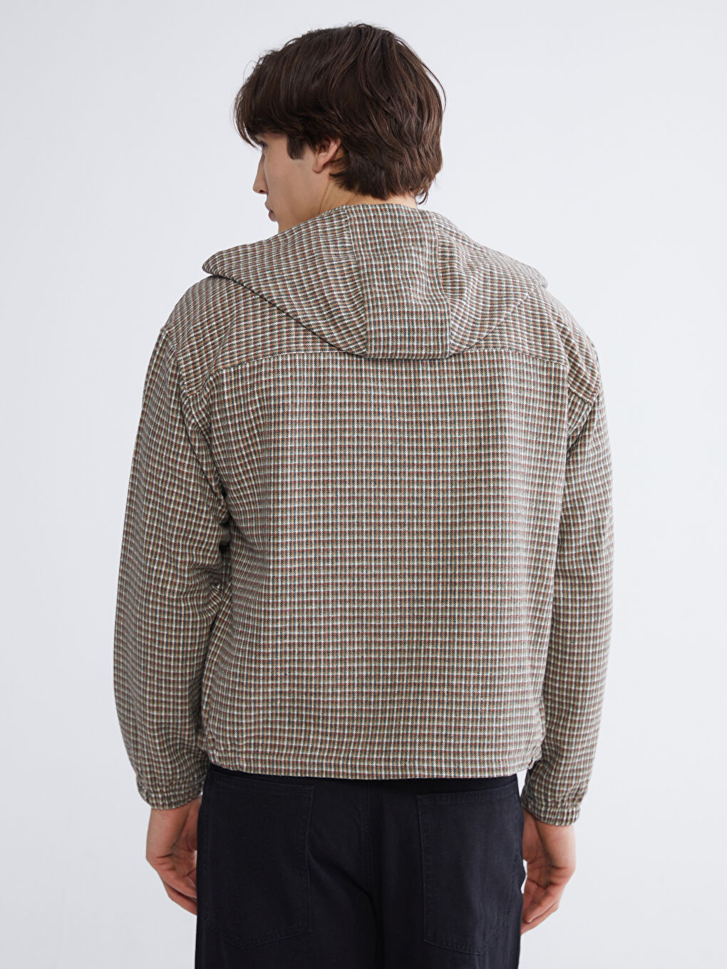 Haki Kapüşonlu Rahat Kalıp Ekose Erkek Gömlek Ceket-5