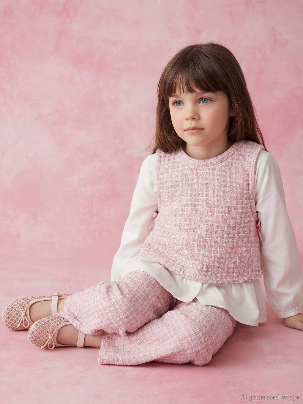 Beyaz Bisiklet Yaka Ekose Kız Çocuk Takım-1