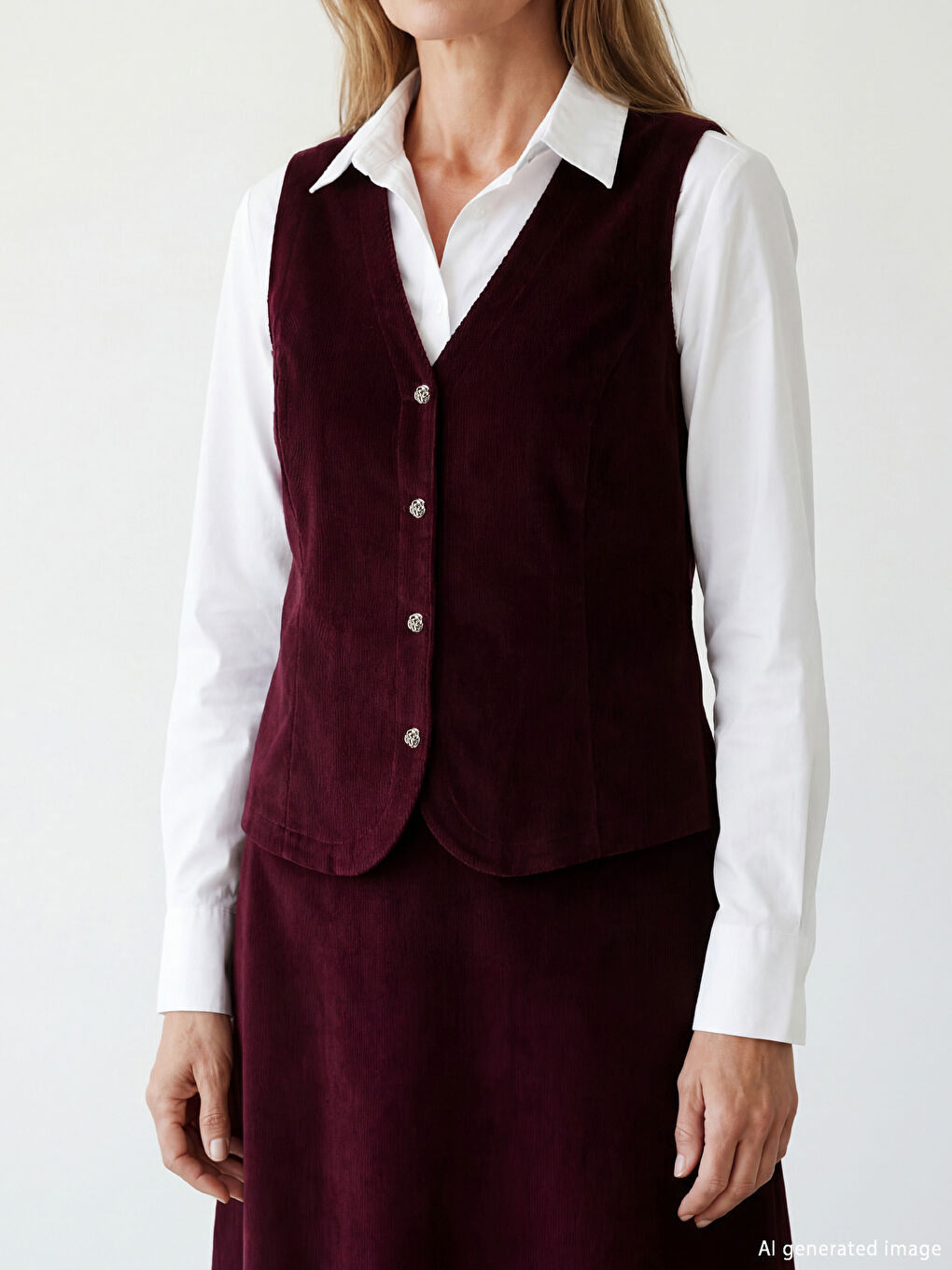 Bordo V Yaka Fitilli Kadife Kadın Yelek-2