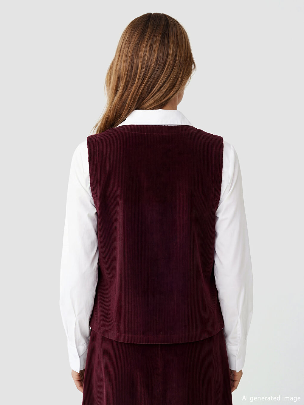 Bordo V Yaka Fitilli Kadife Kadın Yelek-3